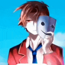 a boy in a red jacket and tie is holding a mask in front of his face .
