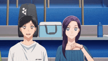 a boy and a girl are standing next to each other and the boy is wearing a white shirt that says yonex