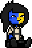 a pixel art of a person with a blue and yellow face .