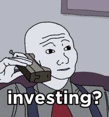 a cartoon of a bald man talking on a cell phone with the words investing written below him