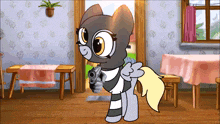 a cartoon cat with glasses is holding a gun in a room