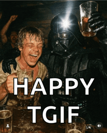 a picture of darth vader and luke skywalker toasting with beer