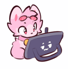 a drawing of a pink cat wearing sunglasses and holding a briefcase