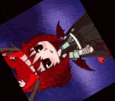 a cartoon character with red hair and wings is laying down on a purple background .