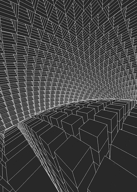 a black and white drawing of a maze of cubes in a room