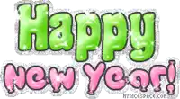a happy new year greeting card with pink and green letters