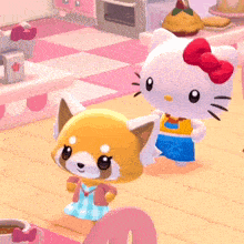 a hello kitty and a red panda are standing next to each other in a kitchen .