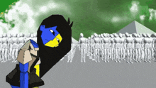 a blue and yellow cartoon character is standing in front of a pyramid .