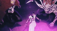 a man in a kimono is standing in front of a monster in a purple room .