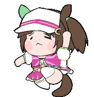 a cartoon drawing of a girl wearing a white hat and a pink dress