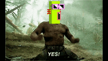 a man kneeling down with a pixelated face and the words yes on the bottom right