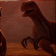 a close up of a dinosaur 's claws against a red background