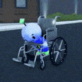 a stuffed animal is sitting in a wheelchair on the side of a road .