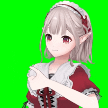 a girl in a red dress is pointing to the left