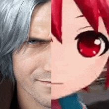 a close up of a man 's face next to a close up of a red haired girl 's face