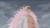 a cartoon of a man with a pink feathered jacket