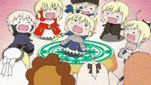 a group of cartoon characters are standing around a circle with their mouths open .