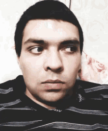 a man in a striped shirt looks at the camera