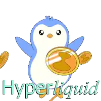 a blue and white penguin with a coin in its beak and the words hyperliquid below it