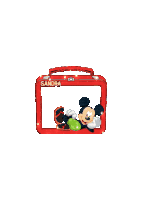 a blue lunch box with mickey mouse and the name sandra