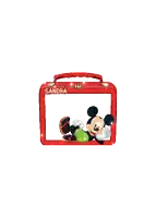 a blue lunch box with mickey mouse and the name sandra
