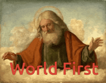 a painting of a bearded man with the words world first below him