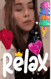 a woman with her eyes closed is surrounded by hearts and a rainbow colored ice cream cone that says relax