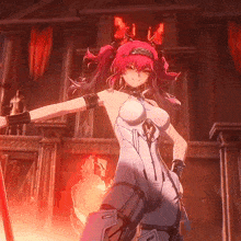 a girl with red hair is holding a sword in her hand