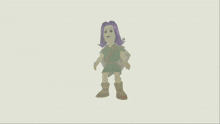 a cartoon character with purple hair and green shorts