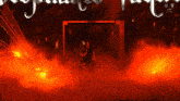 a man is standing in a dark room surrounded by fire
