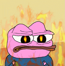 a cartoon of a pink frog with flames behind him