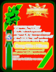 a red square with a green ribbon and a green bow on it
