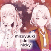 a couple of anime girls standing next to each other with mizuyuki de nicky written on the top