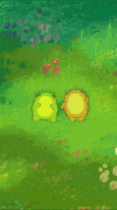 two frogs are laying in the grass with flowers
