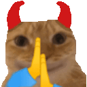 a pixel art of a cat wearing red horns and holding a blue object .