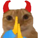 a pixel art of a cat wearing red horns and holding a blue object .