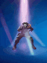 a video game character stands in front of a purple light