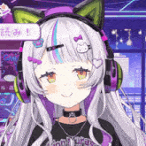 a girl wearing headphones and a choker has the time of 15:21 on her screen