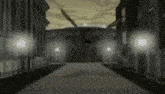 a person is flying through the air in a dark alleyway with buildings in the background .