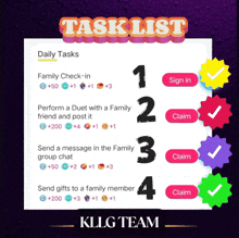 a task list for a kllg team shows daily tasks