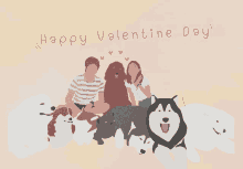 a valentine 's day greeting card with a man and woman surrounded by dogs