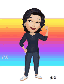 a cartoon drawing of a woman with a rainbow background and the word oh on the bottom right