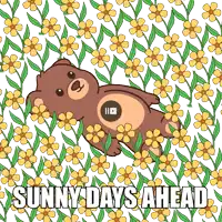 a teddy bear is laying in a field of flowers with the words " sunny days ahead " below it