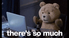 a teddy bear is sitting at a desk in front of a laptop with the words there 's so much above it .