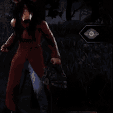 a girl in a maid outfit is standing in front of a man in a red suit .