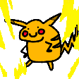 a cartoon drawing of a pikachu with red eyes and a lightning bolt tail .