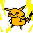 a cartoon drawing of a pikachu with red eyes and a lightning bolt tail .