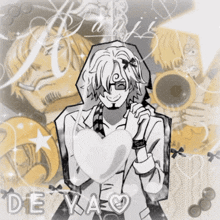 a black and white drawing of a man with a heart and the words de yao