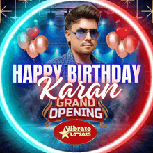 a poster for a happy birthday karan grand opening