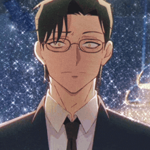 a man wearing glasses and a suit has a starry background behind him